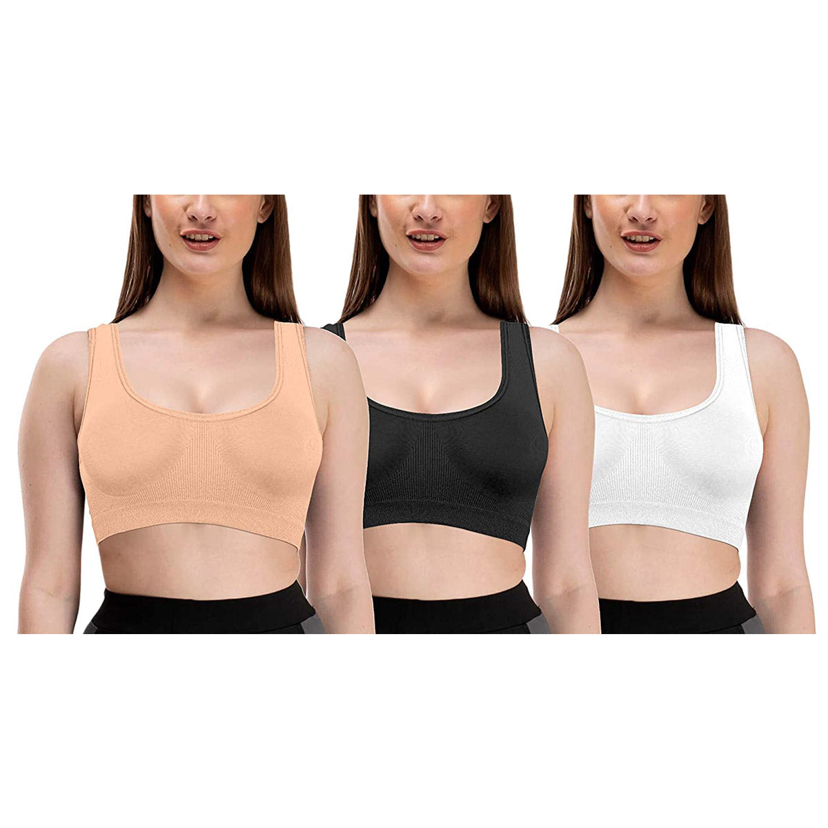 Padded Air Bra, Padded & Non-Wired Bra For Women & Girls, Free Size (Size 28 to 44) – Pack of 3 Air Bra / Black, White & Beige